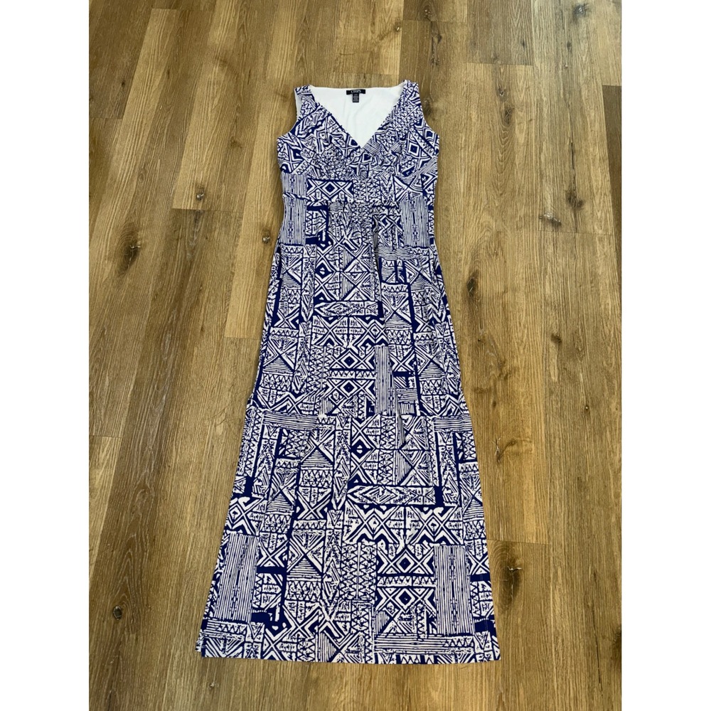Chaps Boho Coastal Geometric Tribal Print Maxi Dress Womens M Blue White Stretch